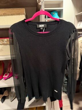 DKNY Black Ribbed Knit Top with Pink Contrast Trim